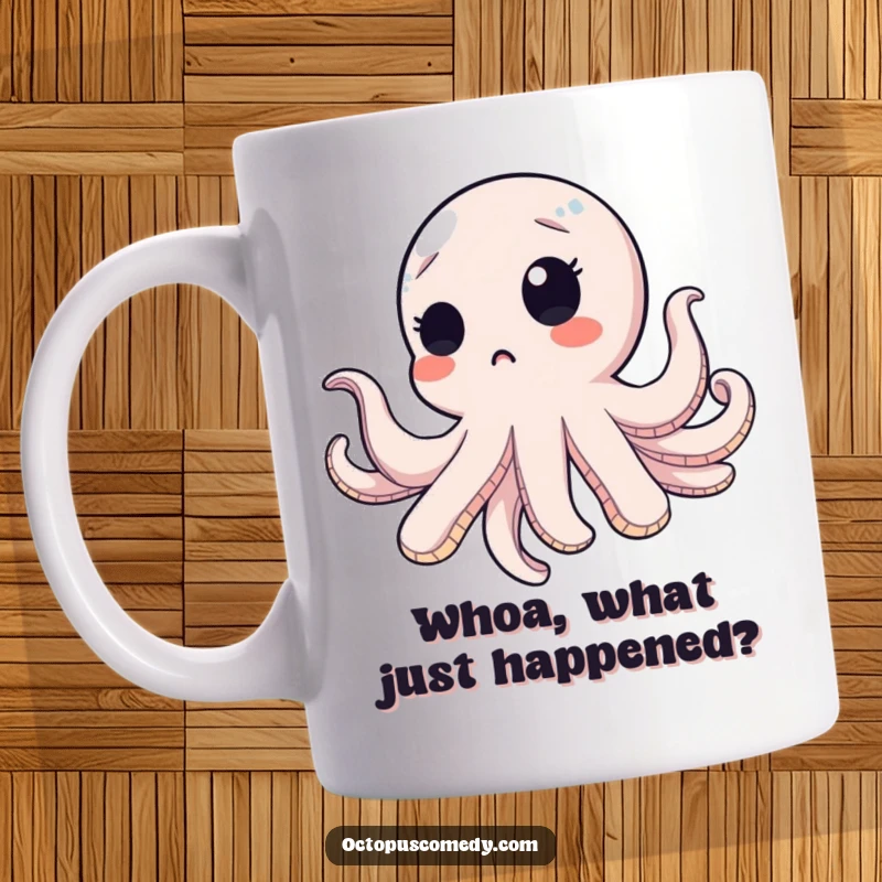 Funny octopus with a surprised blink, floating upwards with wide eyes, captured on a humorous mug.