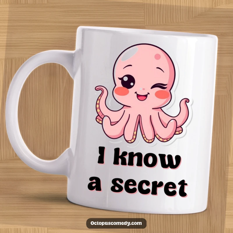 Funny octopus mug featuring a winking cephalopod with a bubbly, mischievous smile, exuding playful charm and good humor.