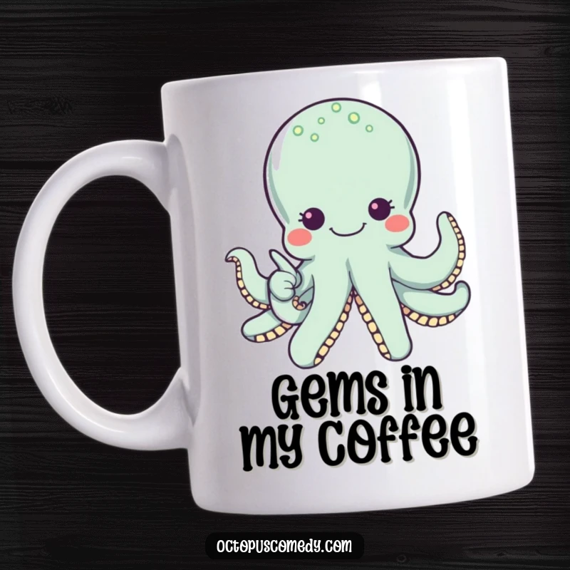 Funny octopus with wide eyes smiling and pointing to a pearl, perfect for a humorous and treasure-themed mug.