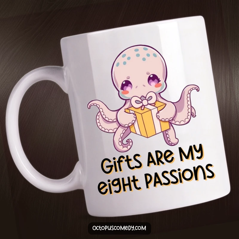 Funny Octopus Mug: A happy octopus uses its tentacles to playfully unwrap a small, colorful gift box with sheer delight.