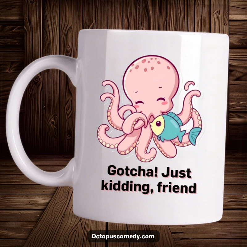 Funny octopus playfully tickling a little fish with a tentacle, creating a moment of shared joy and laughter on this mug.