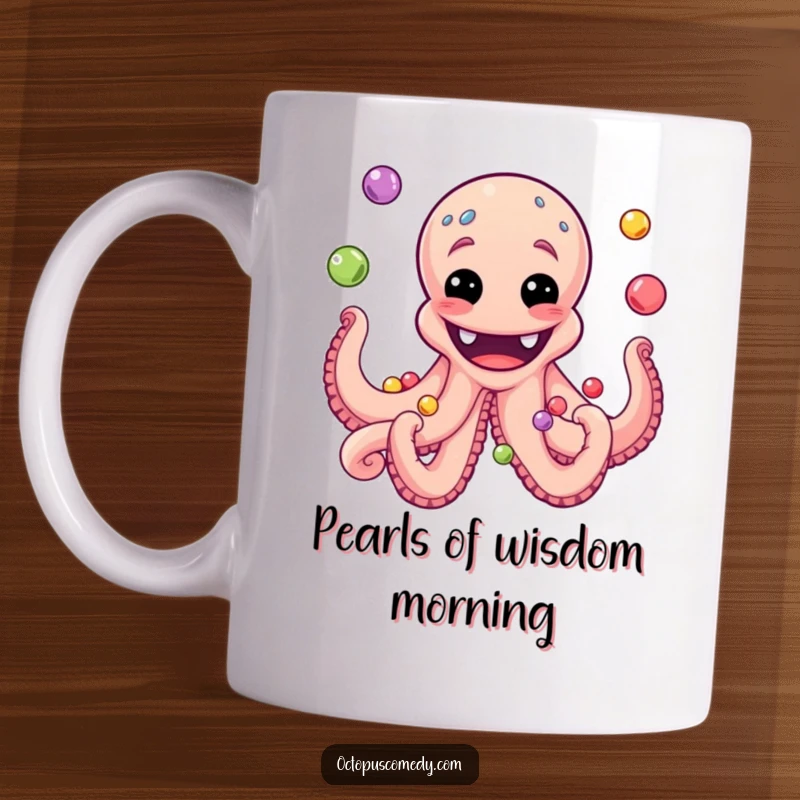 Funny mug featuring an octopus with a wide grin, skillfully juggling colorful pearls, showcasing its playful nature.