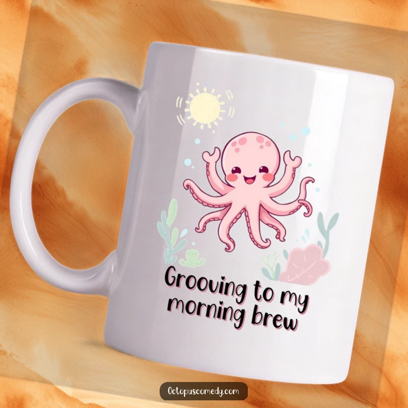 Funny kawaii octopus doing a joyful underwater dance, twirling with happiness, perfect funny gift mug.