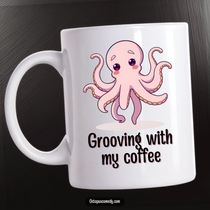 Funny Dancing Octopus mug, a cheerful octopus with all tentacles waving joyfully in the air, celebrating with pure delight.