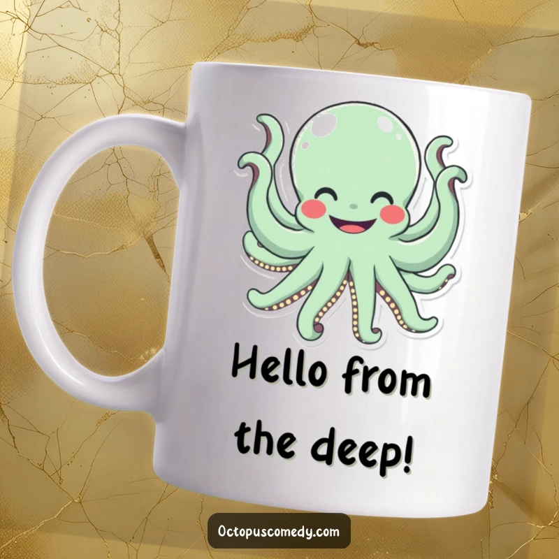 Funny octopus with a wide smile cheerfully waving all eight arms, a delightful and humorous mug gift.