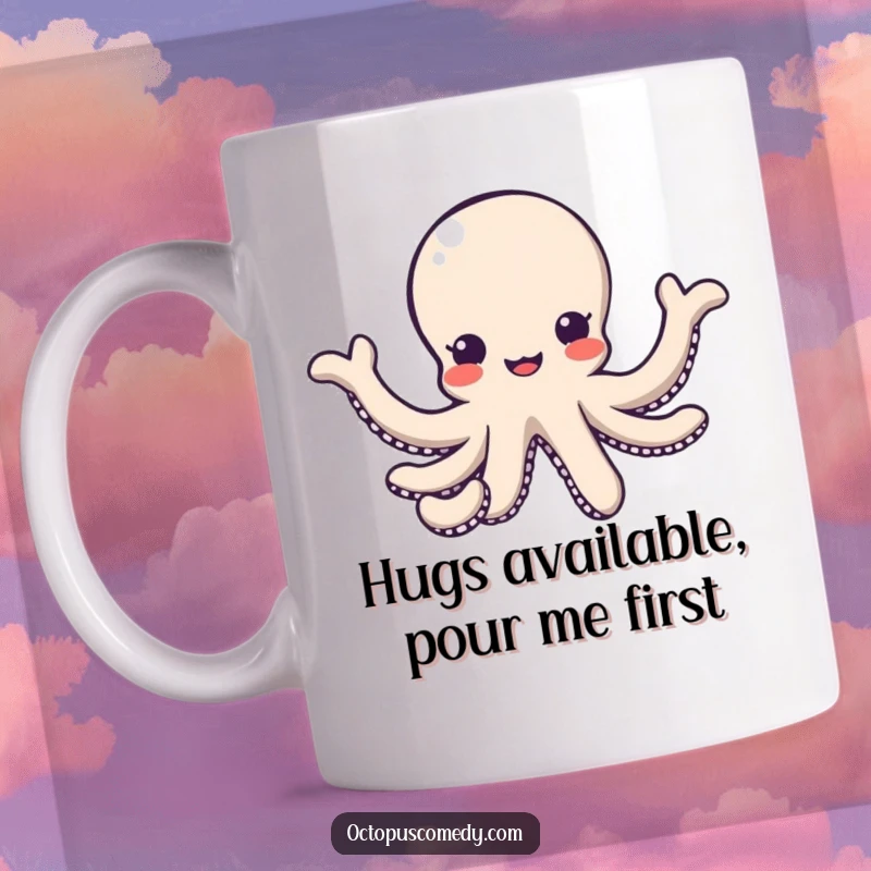 Funny kawaii octopus with arms reaching out in a friendly gesture, offering a warm hug, perfect funny gift mug.