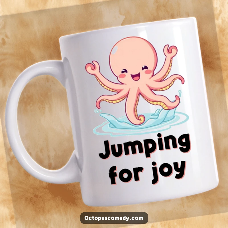 Funny bouncy octopus leaping joyfully out of the water, captured mid-air on a mug.