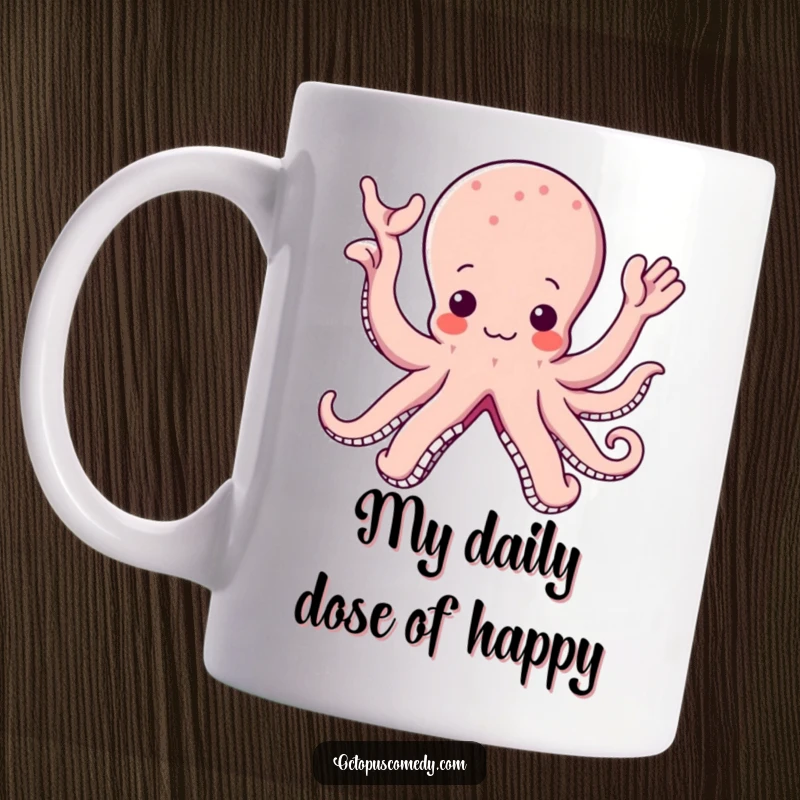 Kawaii octopus with many arms happily waving a friendly greeting, printed on a mug, conveying cuteness and joy.