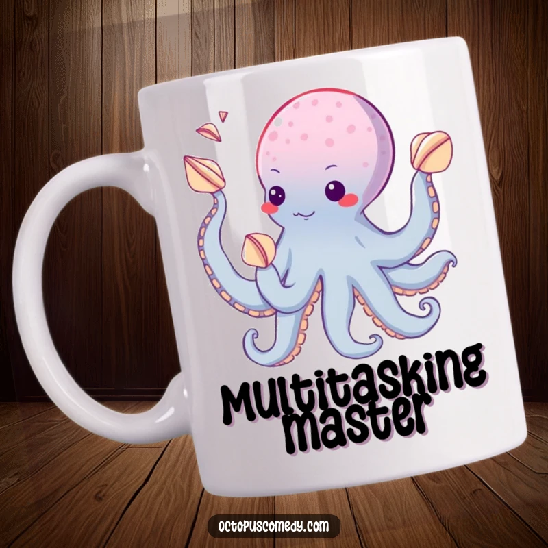 Funny mug featuring a cheerful octopus skillfully juggling seashells with its many suckers, showcasing playful dexterity.