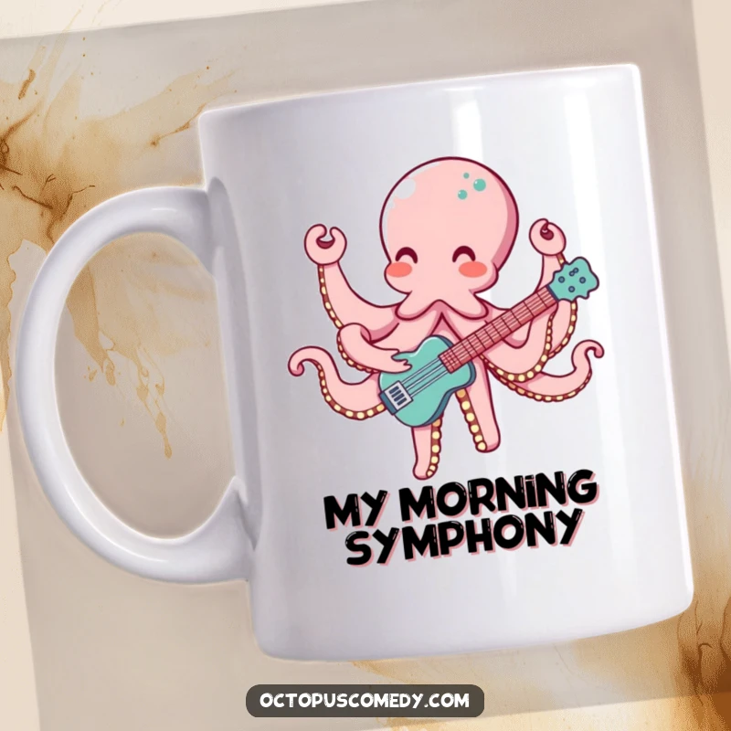 Funny mug featuring an octopus with eight arms happily playing a musical instrument, creating a cheerful, lively scene.