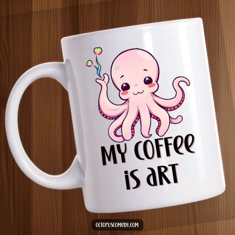Funny Octopus Mug featuring a cephalopod enthusiastically waving a stream of colorful, iridescent ink, creating a dynamic and artistic display.
