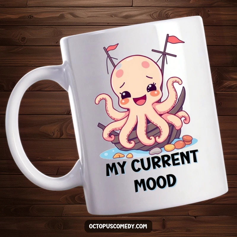 Funny mug featuring a joyful octopus peeking playfully from behind a dramatic shipwreck, showcasing its cheerful personality.