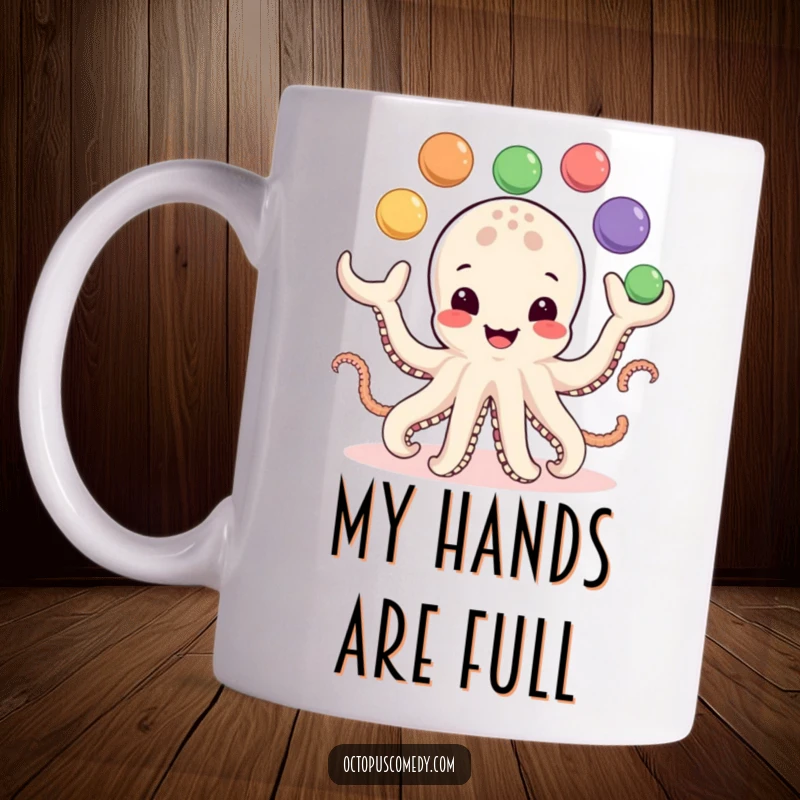 Funny Mug: A cheerful octopus with a huge smile skillfully juggles eight colorful balls, radiating pure fun and playful energy.
