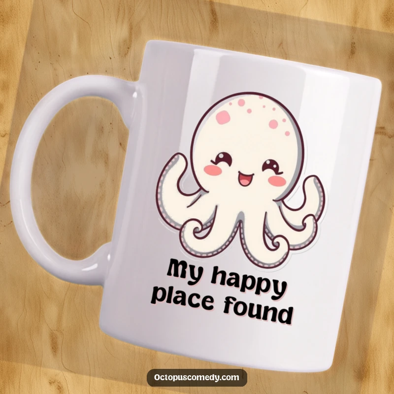Funny Kawaii Octopus Mug featuring a delighted creature with sparkling eyes and a wide, beaming smile, radiating pure joy and cuteness.