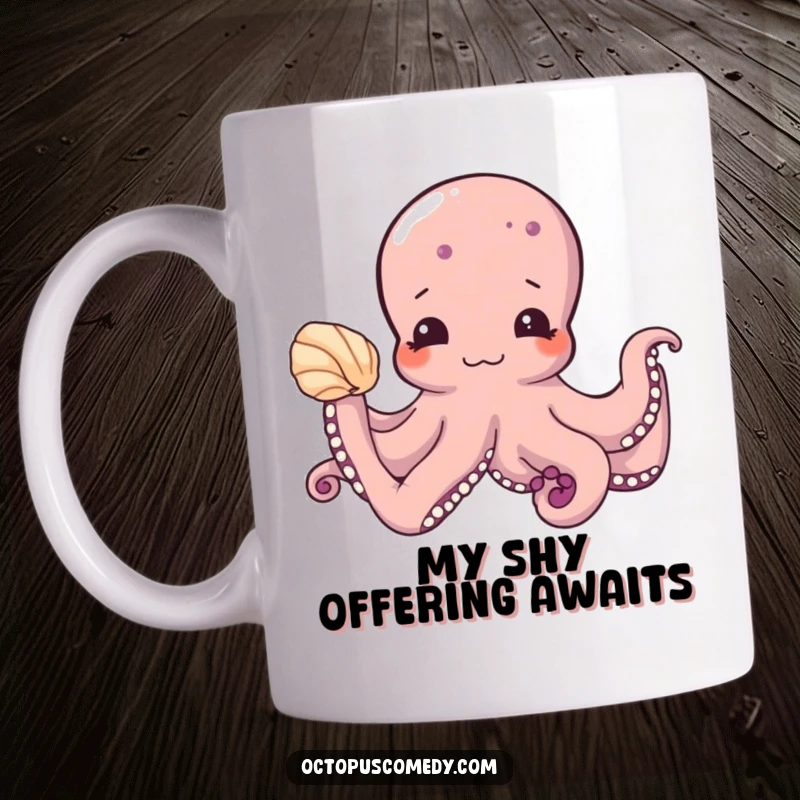 Funny mug with a shy octopus gently presenting a beautiful seashell, ideal for ocean lovers and cute gift seekers.