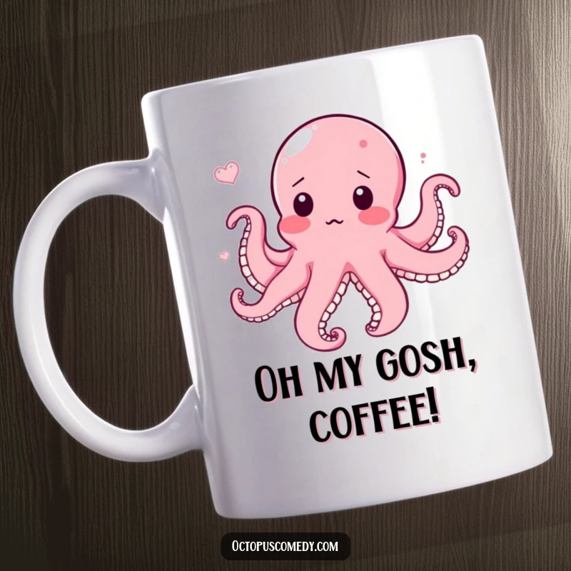 Funny mug featuring a surprised octopus blushing deeply while caught in a gentle ocean current, a hilarious gift.