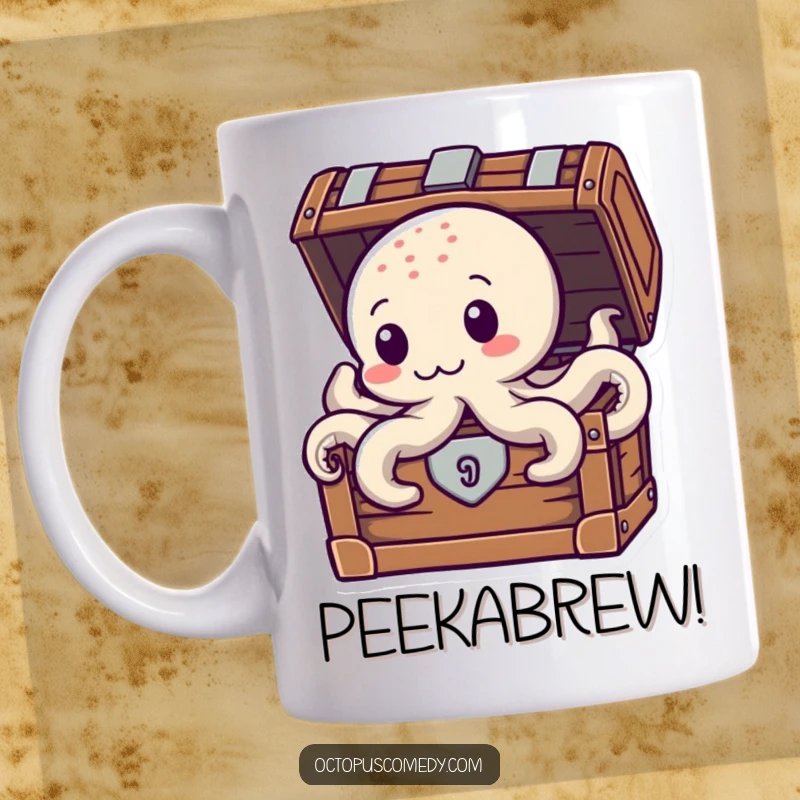 Funny Peek-a-Boo Octopus mug, a mischievous octopus peeking playfully from behind a treasure chest brimming with gold.