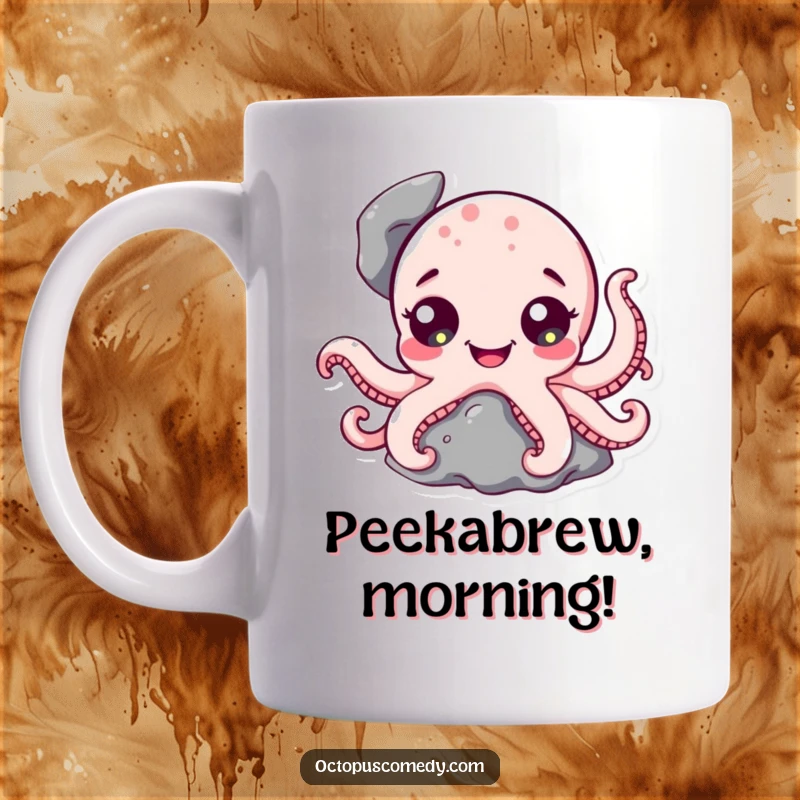 Funny Octopus Mug: A cute octopus character with big, happy eyes playfully peeking out from behind a rock.