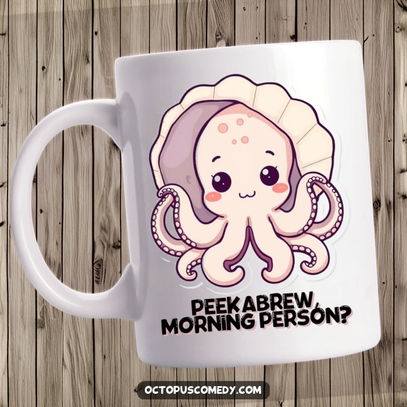 Funny kawaii octopus peeking out curiously from behind a large seashell, cute ocean mug gift.