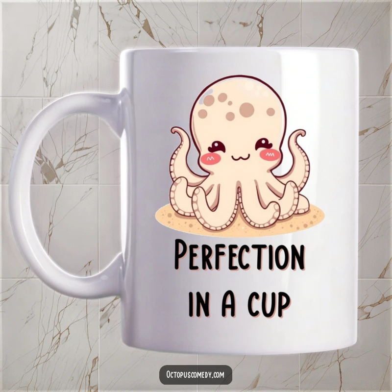 Funny mug featuring a satisfied octopus resting peacefully on a sandy ocean bottom, conveying utter relaxation and humor.