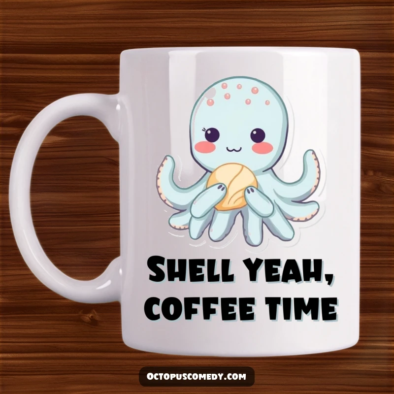 Funny kawaii octopus with a shy blush, gently holding a seashell, perfect for a cute and heartwarming mug gift.