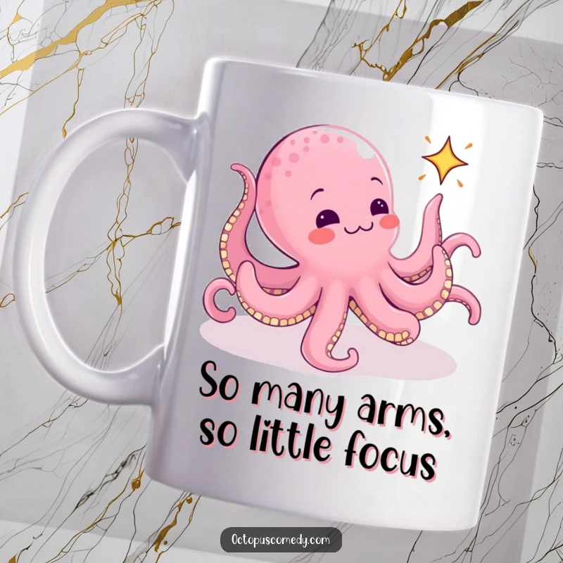 Funny Octopus Mug: A determined octopus uses all eight arms to chase a tiny, glittering animated sparkle with playful energy.
