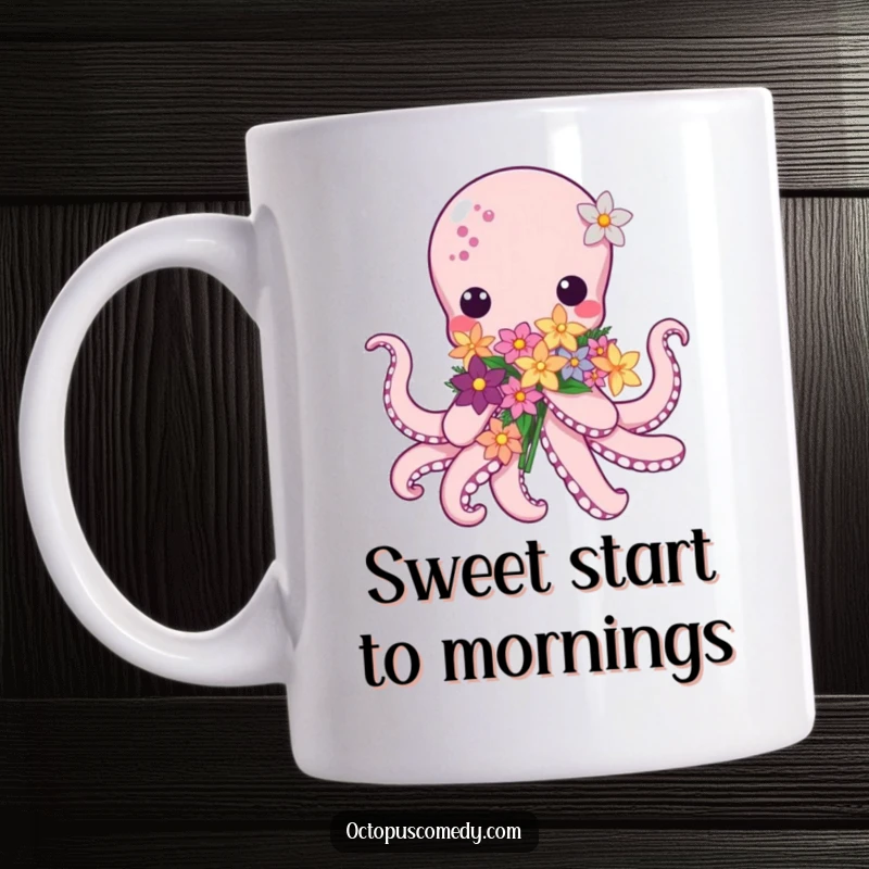 Cute Kawaii Octopus mug, an adorable octopus in a sweet style offering a bouquet of colorful sea flowers, radiating kindness.
