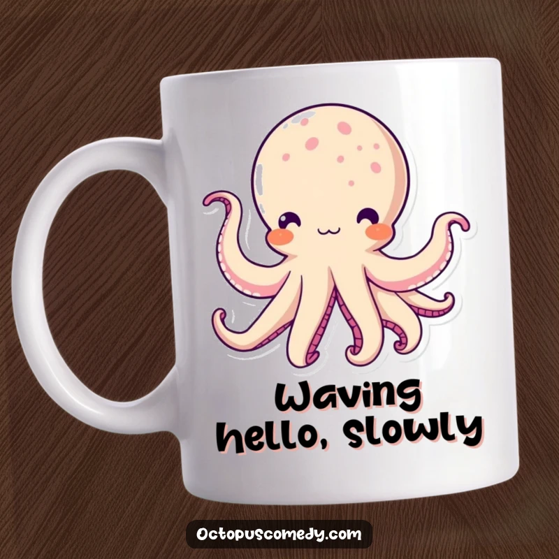 Funny Kawaii Octopus Mug: A cute, smiling octopus character with multiple tentacles playfully waving hello.