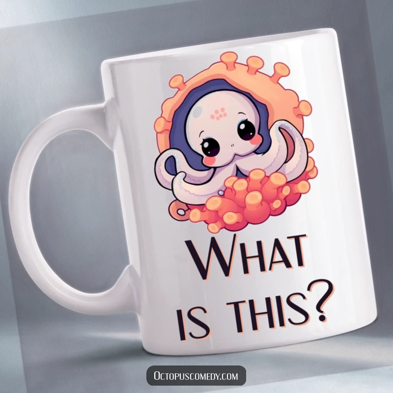 Funny octopus curiously peeking from behind a vibrant anemone, on a humorous mug.