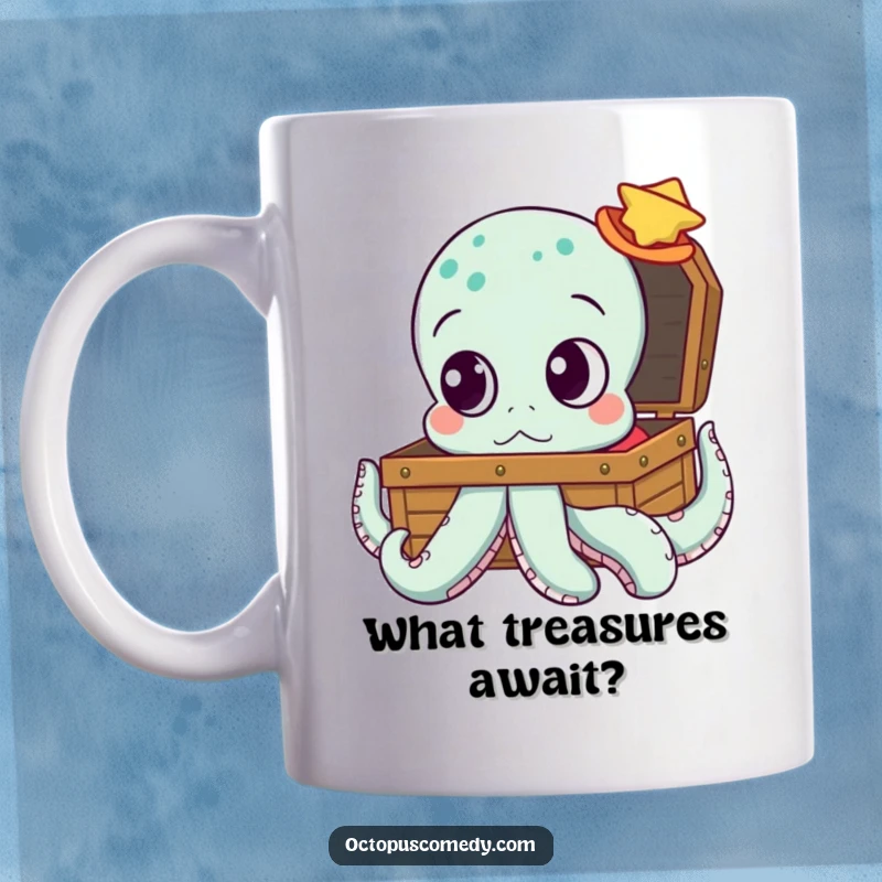 Funny mug featuring an octopus with big, curious eyes staring intently at a treasure chest, evoking a sense of discovery.