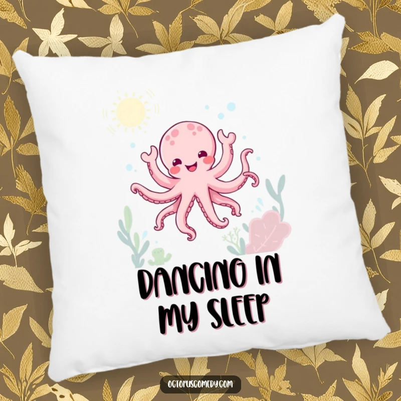 Soft funny kawaii octopus pillow doing a joyful underwater dance, cozy and celebratory accent gift.