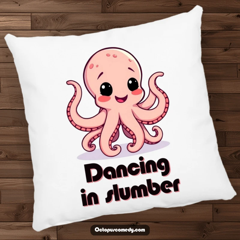 Funny and soft pillow featuring a happy octopus doing a cheerful jig, its tentacles creating a dynamic and inviting shape.