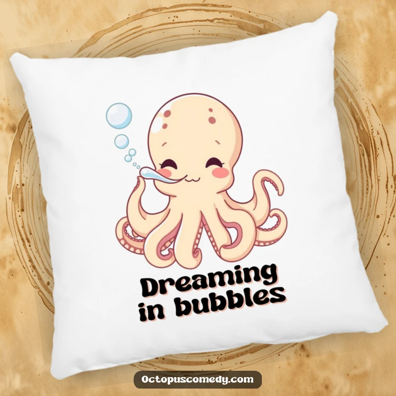 Funny pillow with a happy octopus blowing bubbles, offering soft comfort and a dose of playful ocean humor as a funny gift.