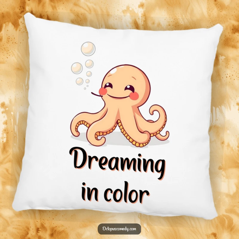 Funny pillow with a grinning octopus blowing ink bubbles, offering soft humor and a delightful funny gift.