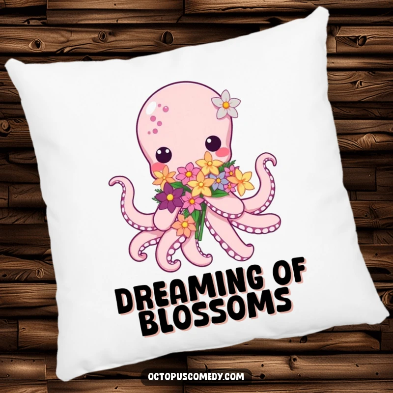 Kawaii Octopus Flower Pillow, depicting a charmingly cute octopus offering sea flowers, perfect for adding sweet comfort.