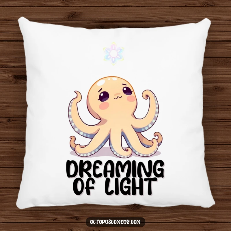 Funny octopus looking up with wonder at a bioluminescent bloom on a pillow, perfect for cozy magic and awe.