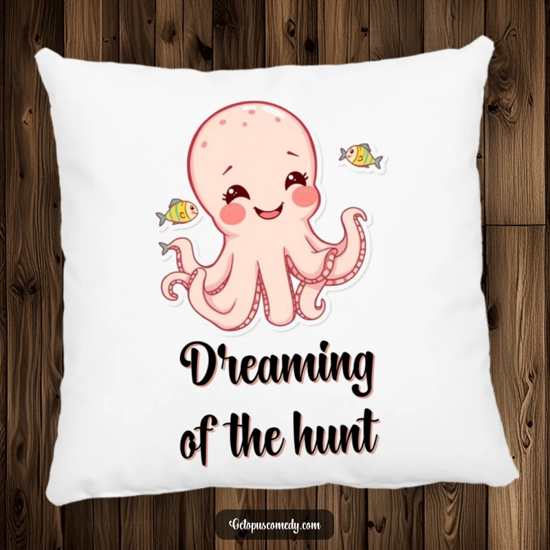 Funny joyful octopus character playfully chasing fish, printed on a soft, decorative pillow.