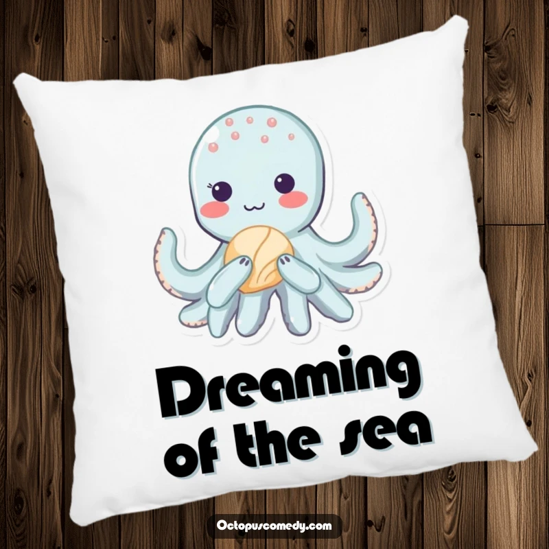 Funny kawaii octopus design on a soft pillow, featuring a shy blush and a seashell, for ultimate comfort and cuteness.