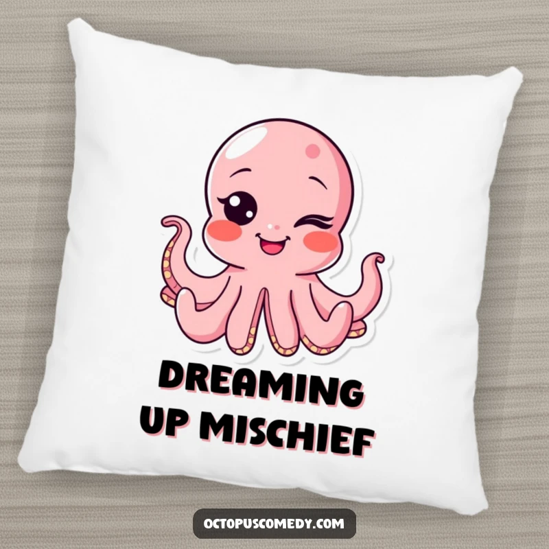 Funny octopus pillow with a winking cephalopod and a bubbly smile, offering comfort and a playful ocean-themed accent.
