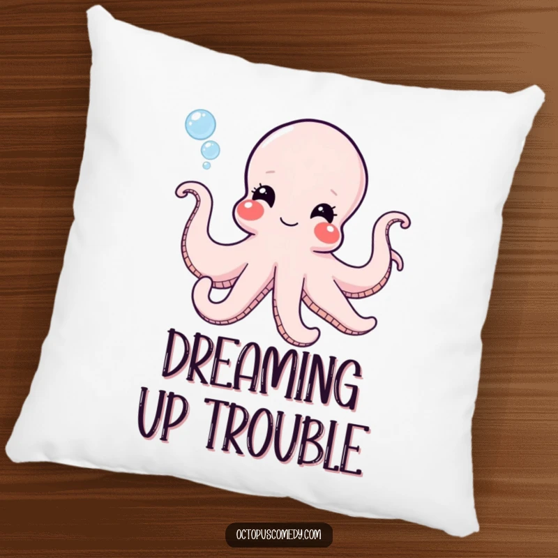 Funny octopus with a mischievous grin blowing bubbles, soft pillow for adding humorous and playful charm to any room.
