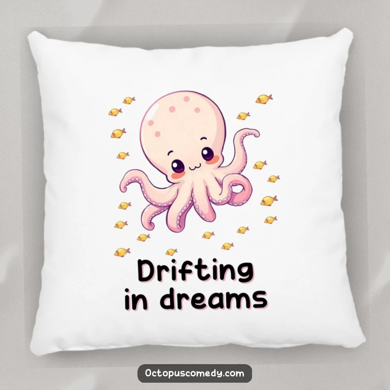 Funny octopus happily drifting through a school of small, sparkly fish on a pillow, perfect for cozy ocean decor.