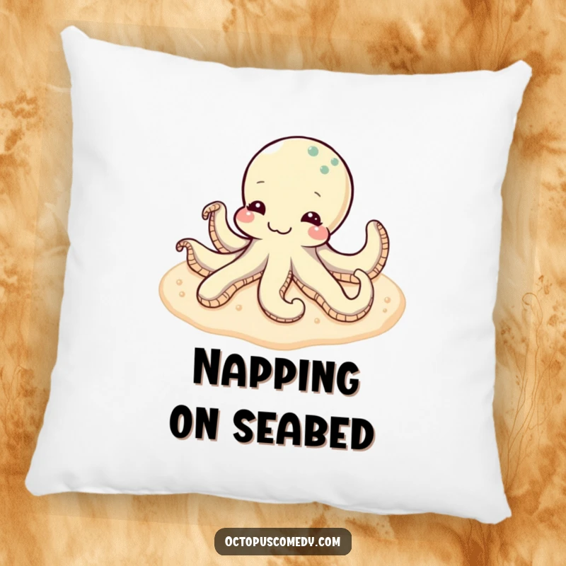 Funny content octopus relaxing on a soft, sandy seabed, designed as a comfortable and decorative pillow.