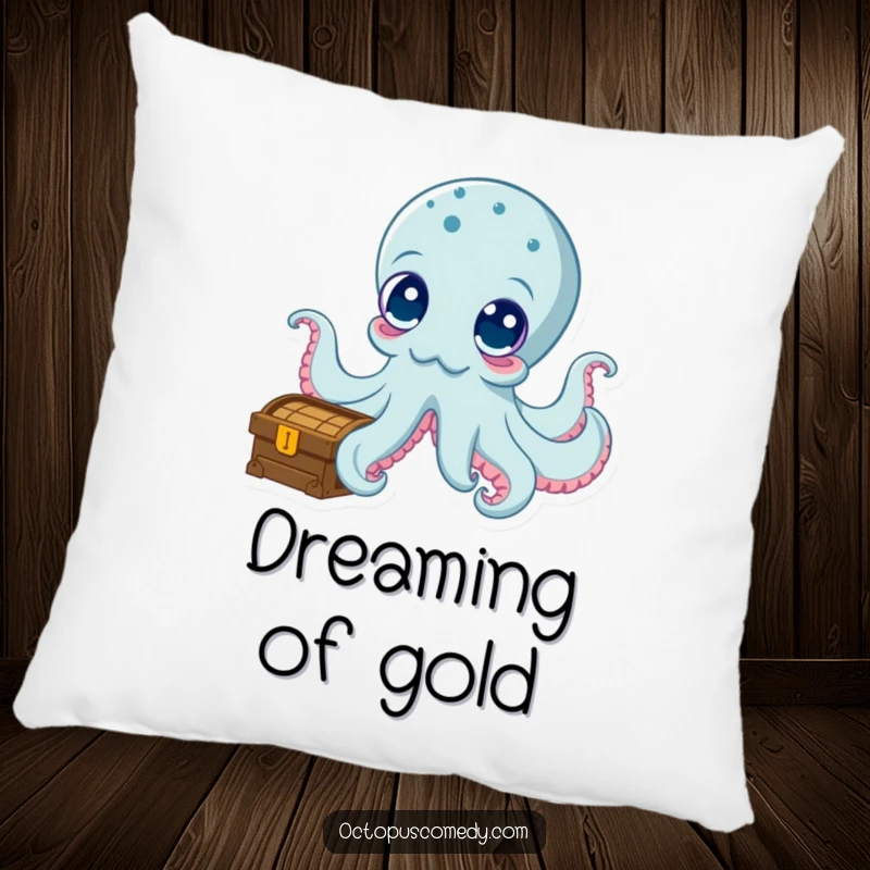 Funny pillow depicting a curious octopus with wide eyes investigating a treasure chest, offering comfort and humorous decor.