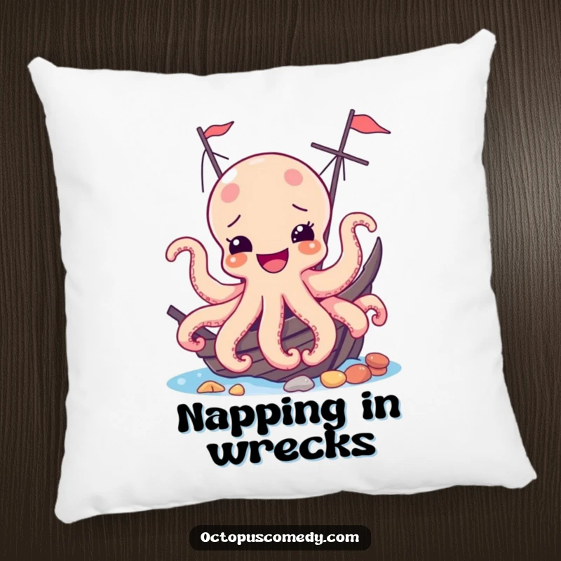 Funny pillow with a happy octopus peeking from a shipwreck, offering a playful and comfortable decorative accent.