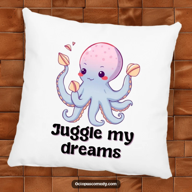 Funny pillow showing an octopus juggling seashells with its suckers, providing comfortable and humorous decorative appeal.