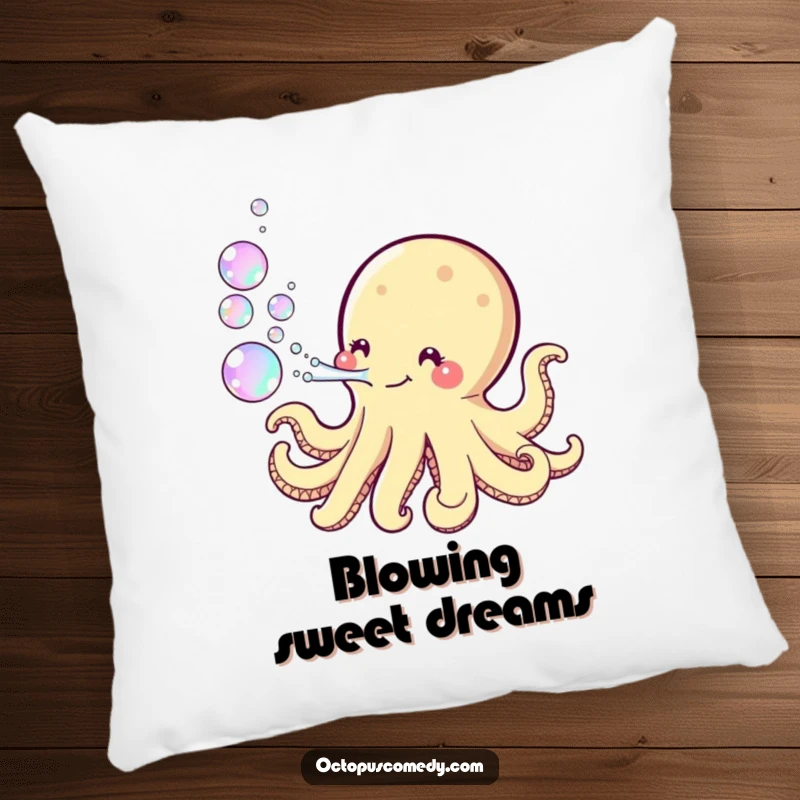 Funny Kawaii Octopus Pillow depicting a playful octopus releasing a stream of shimmering iridescent bubbles, offering soft comfort and enchanting vibes.
