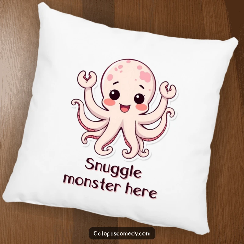 Funny kawaii octopus with joyful, waving tentacles, a soft, cute, and humorous pillow.