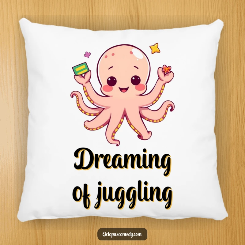 Funny kawaii octopus juggling colorful objects, a soft, cute, and humorous pillow.