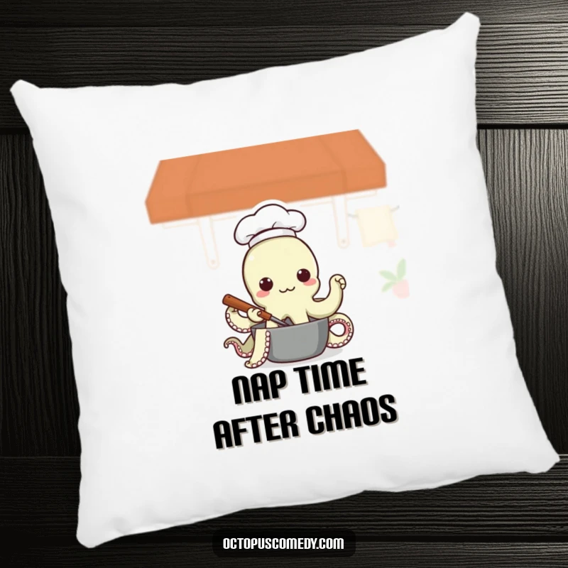 Funny Octopus Chef Pillow, depicting a cute octopus in a chef hat stirring a pot, perfect for adding humor to sofas.