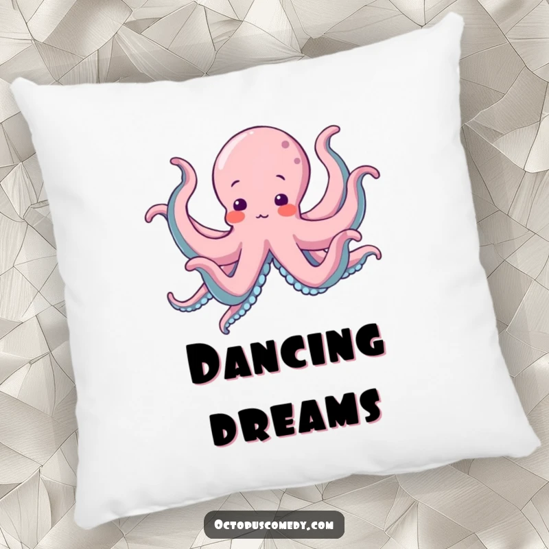 Funny Octopus Pillow showing an octopus joyfully doing a silly dance with all eight arms moving energetically.